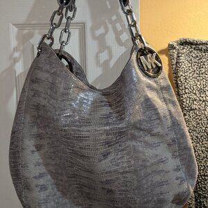 MICHAEL KORS FULTON SHOULDER HANDBAG SNAKE GRAY LEATHER SILVER HARDWARE